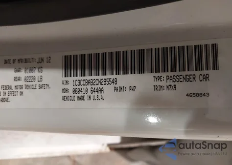 2012 Chrysler 200 Lx z USA, uszkodzony, nr VIN 1C3CCBAB2CN295548